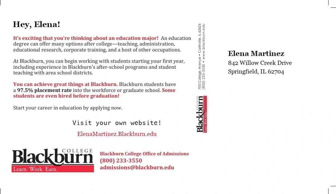 Reverse of personalized Education Blackburn College postcard for Elena Martinez at 842 Willow Creek Drive, Springfield, IL 62704