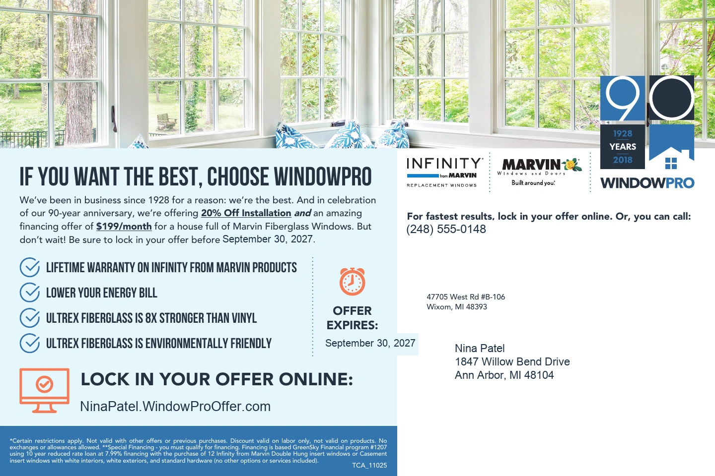 Landscape reverse of personalized WindowPro postcard for Nina Patel in Ann Arbor, MI