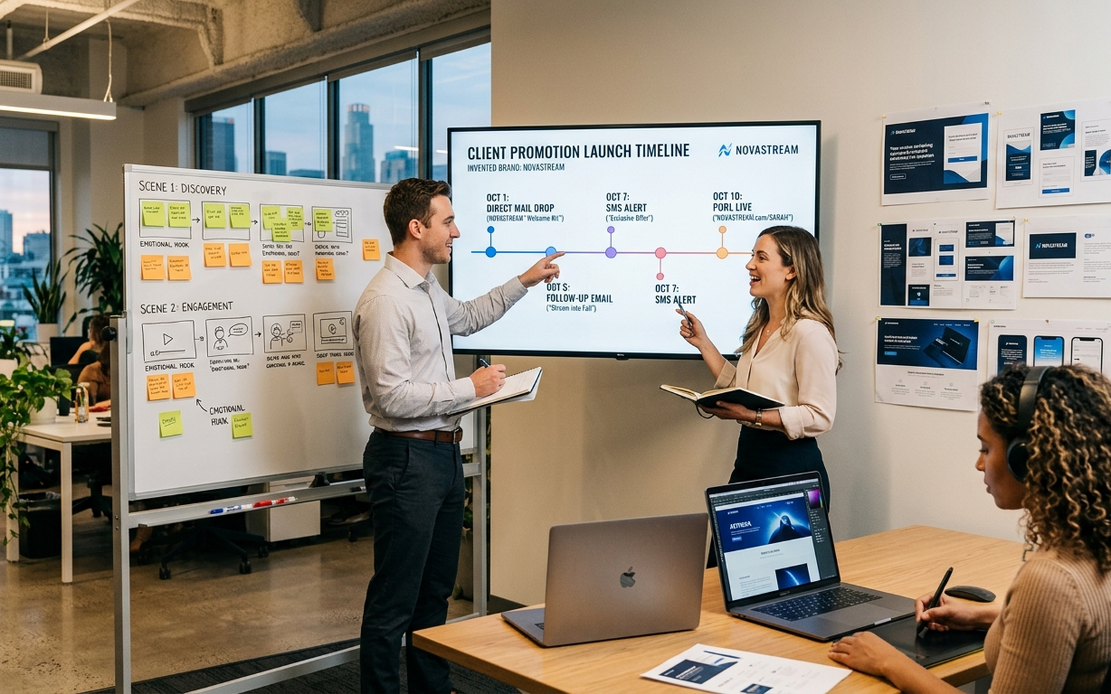 Agency team launching a client promotion across mail, email and landing pages