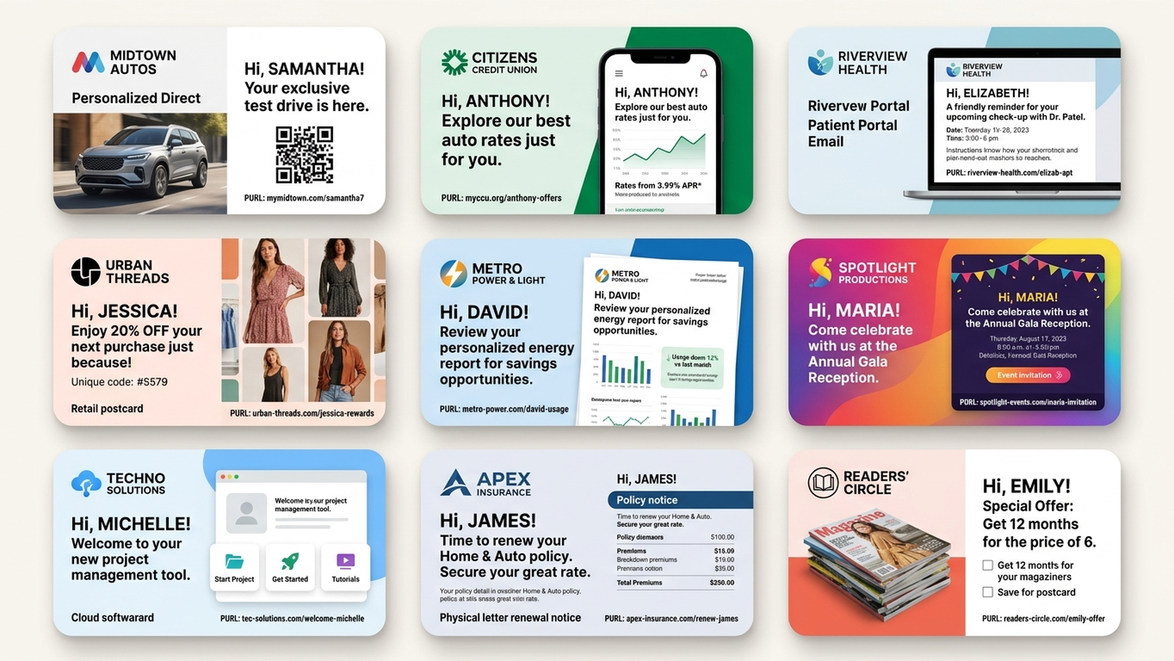 Personalized direct mail pieces, landing pages and campaign dashboards for marketers in several industries, arranged as a mosaic