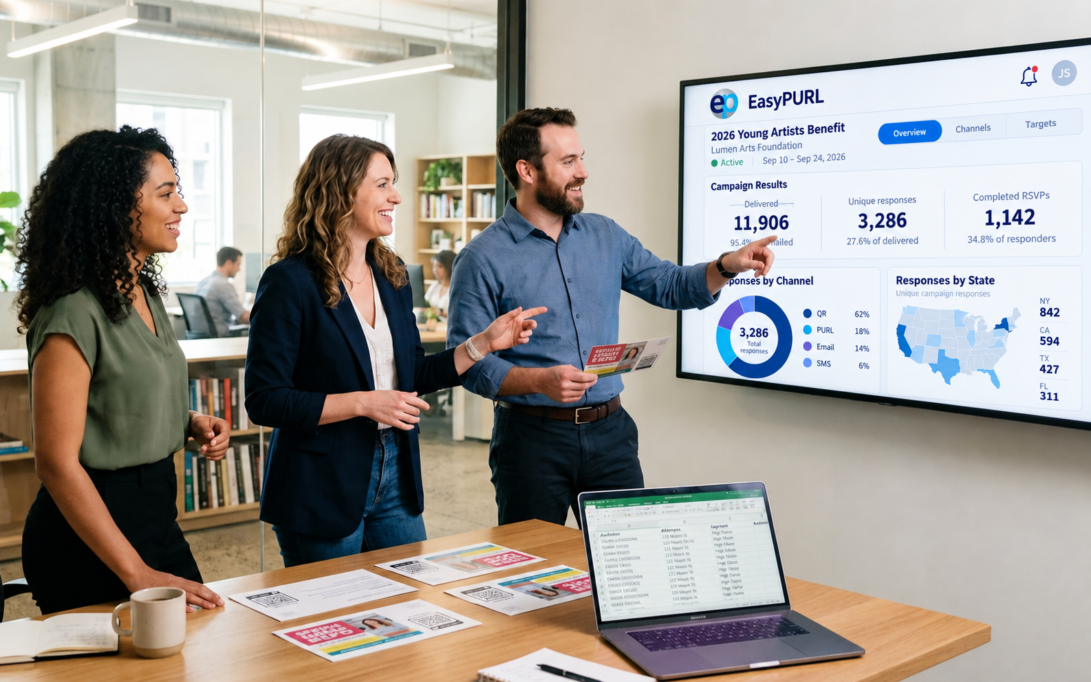 Marketing team reviewing campaign performance in the EasyPURL reporting dashboard
