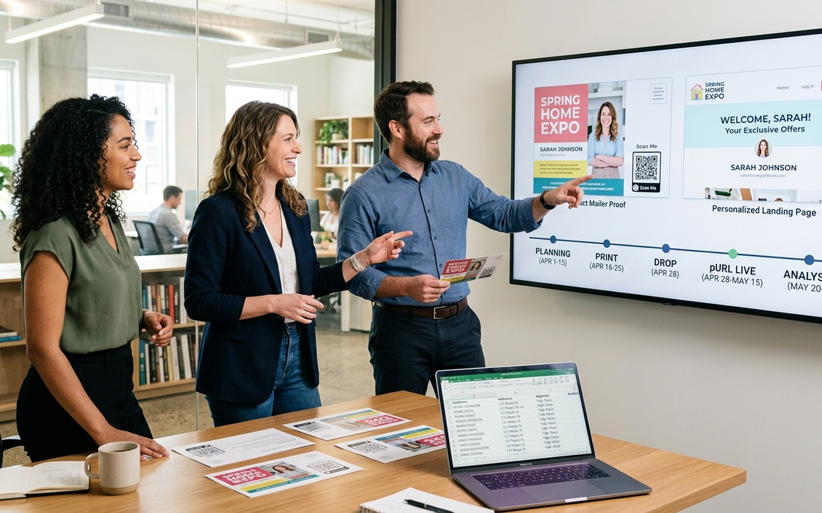 In-house marketing team reviewing a personalized direct mail campaign and its matching landing pages