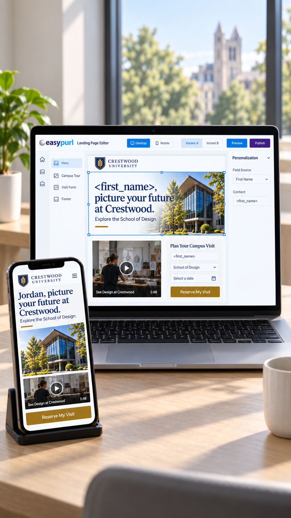 EasyPURL landing page editor showing a personalized Crestwood University page on desktop and mobile