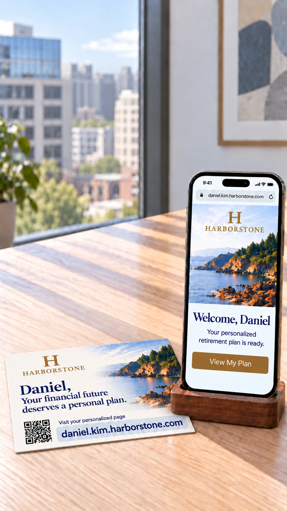 Personalized Harborstone mailer beside a phone showing Daniel Kim's personalized landing page