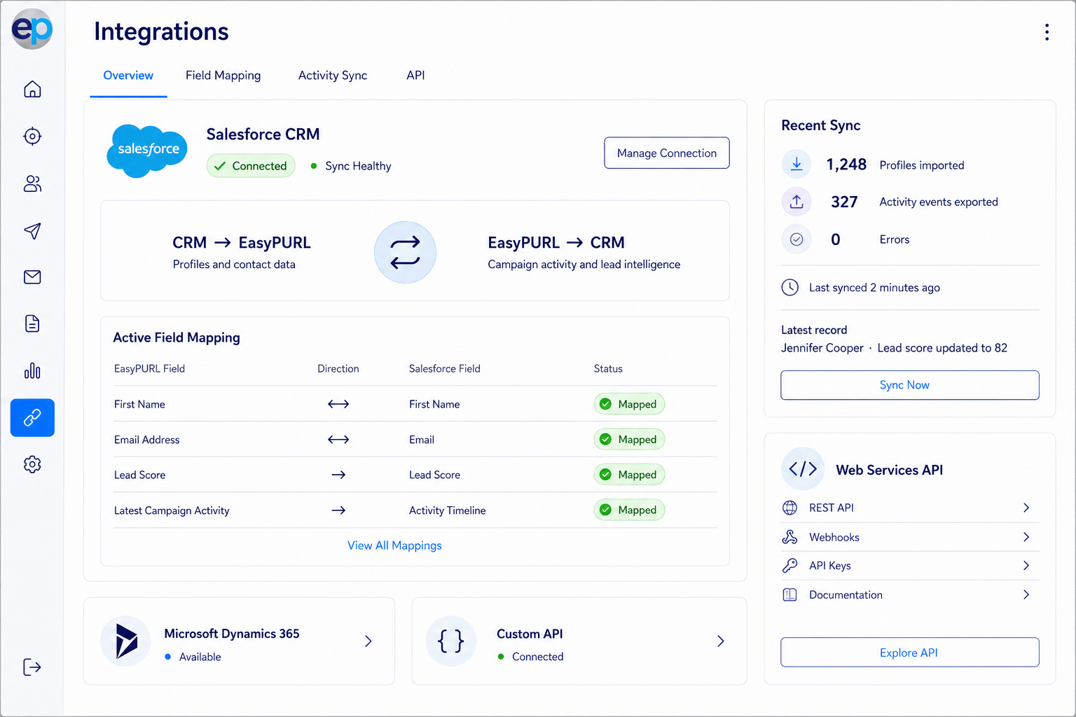EasyPURL CRM integration and sync dashboard