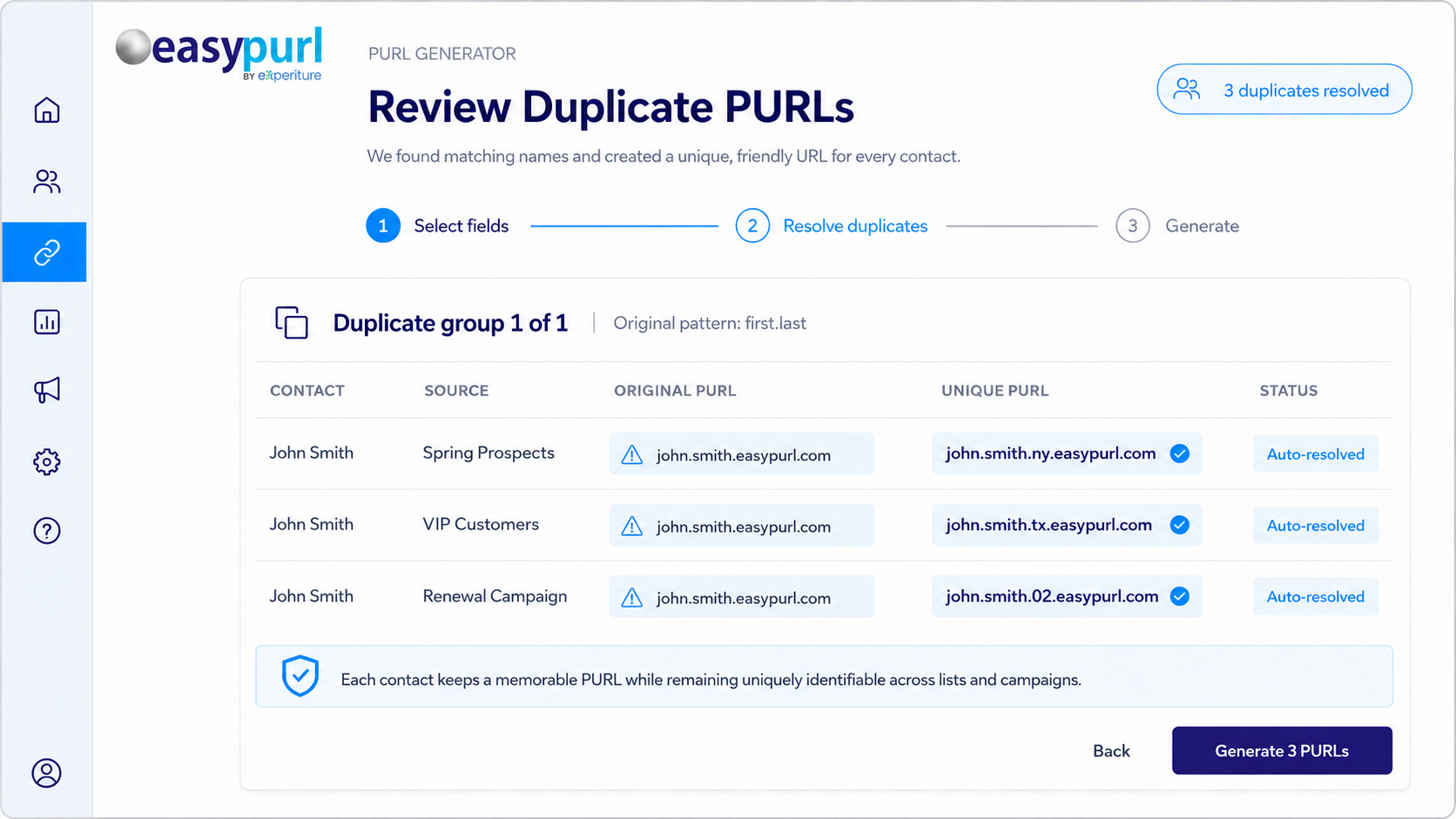 EasyPURL duplicate PURL resolution screen