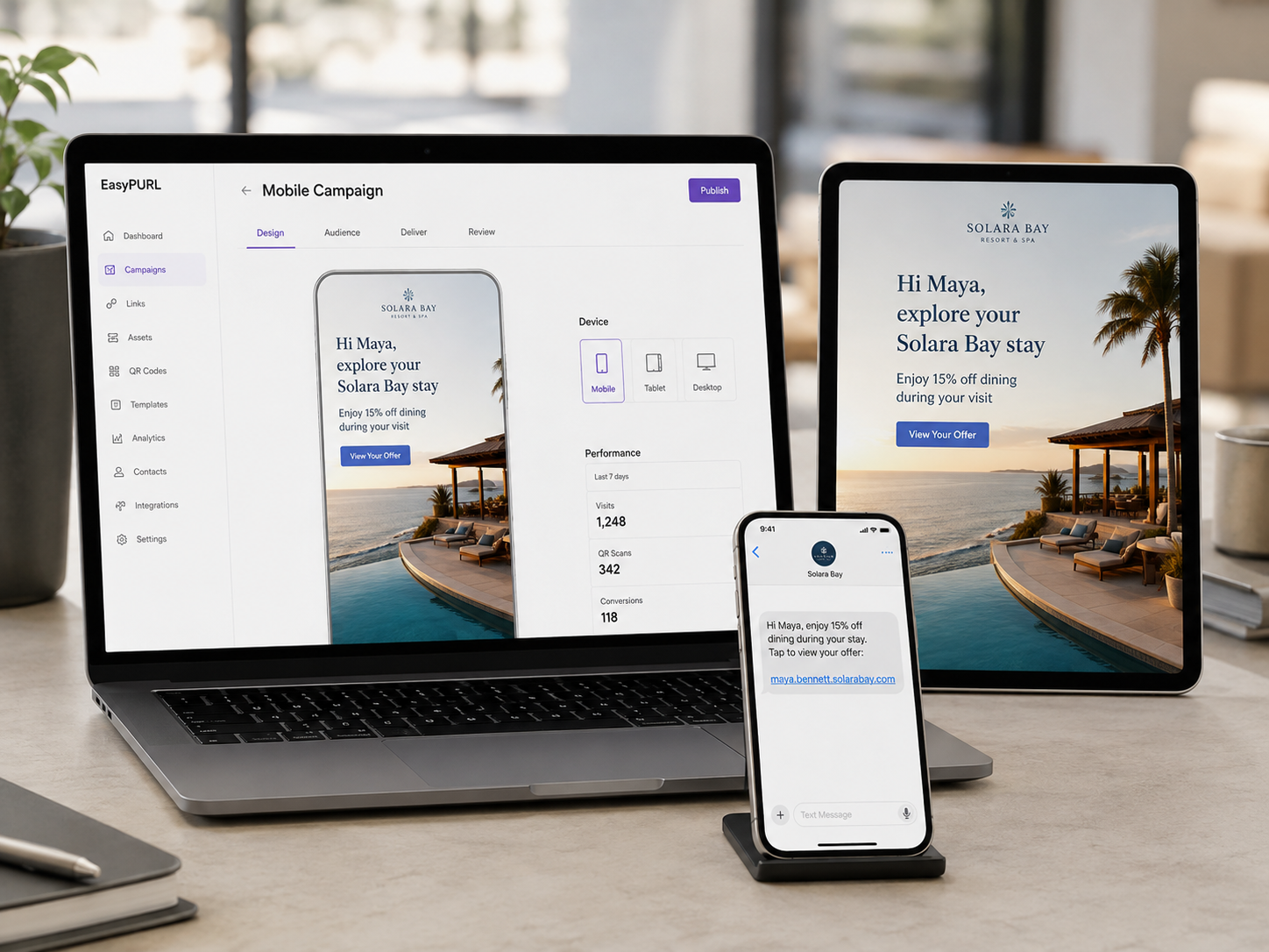 EasyPURL mobile campaign shown across laptop, tablet, and phone
