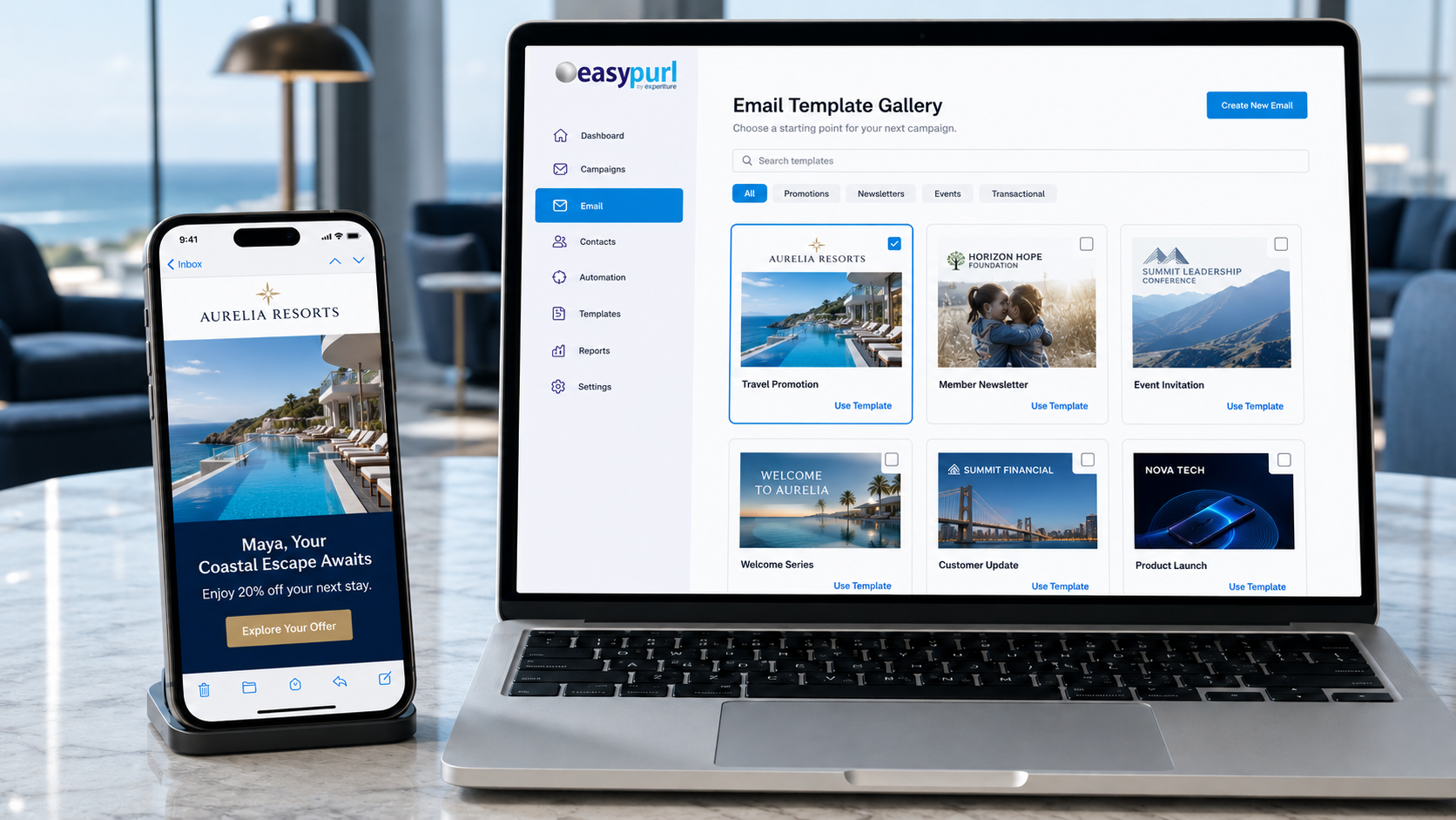 EasyPURL email template gallery shown across desktop and mobile