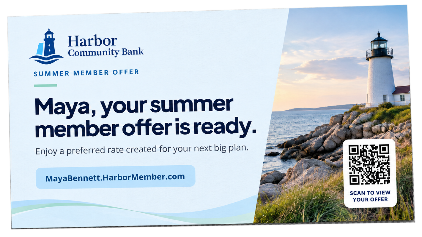Personalized Harbor Community Bank postcard for Maya Bennett with a personalized URL and QR code