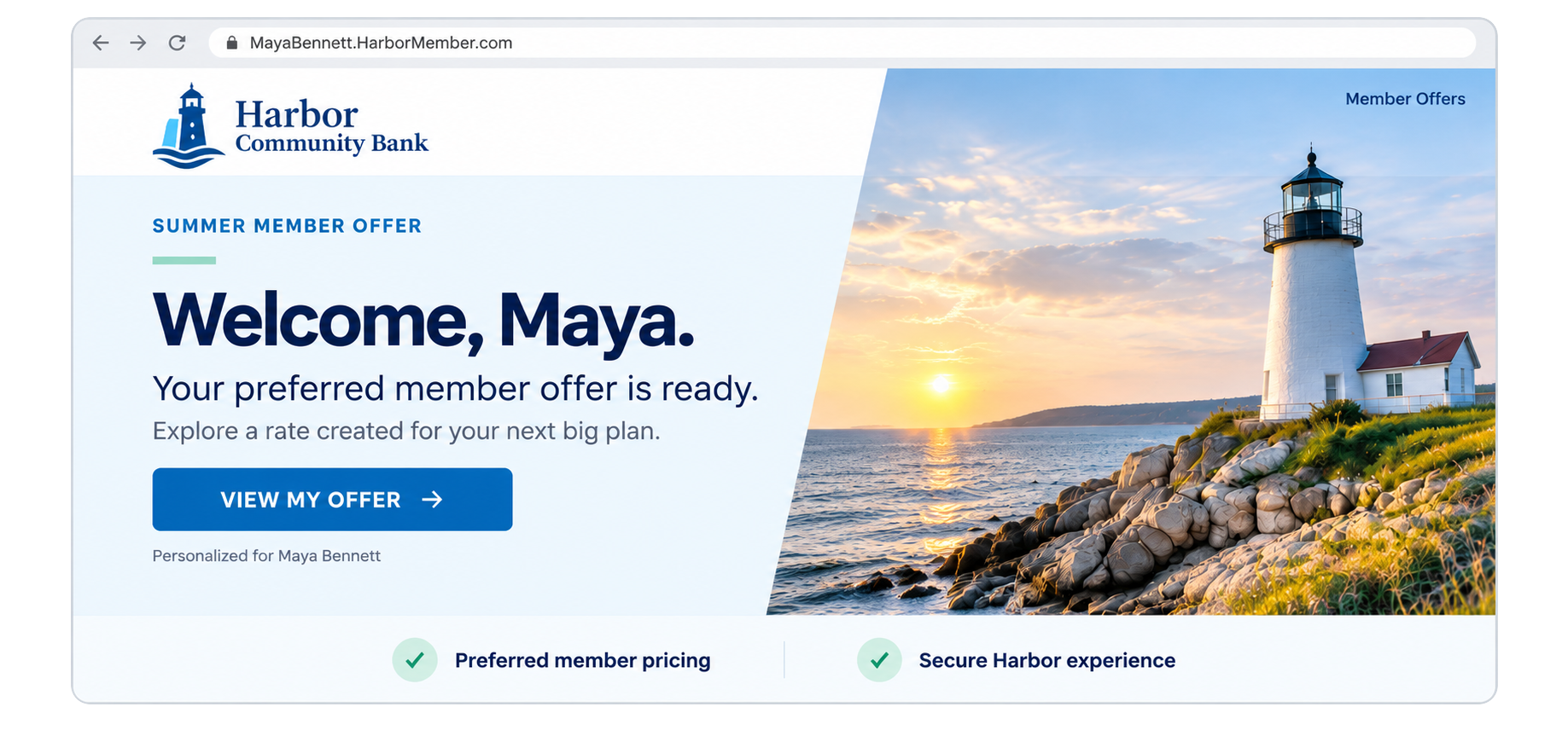Personalized Harbor Community Bank landing page for Maya Bennett