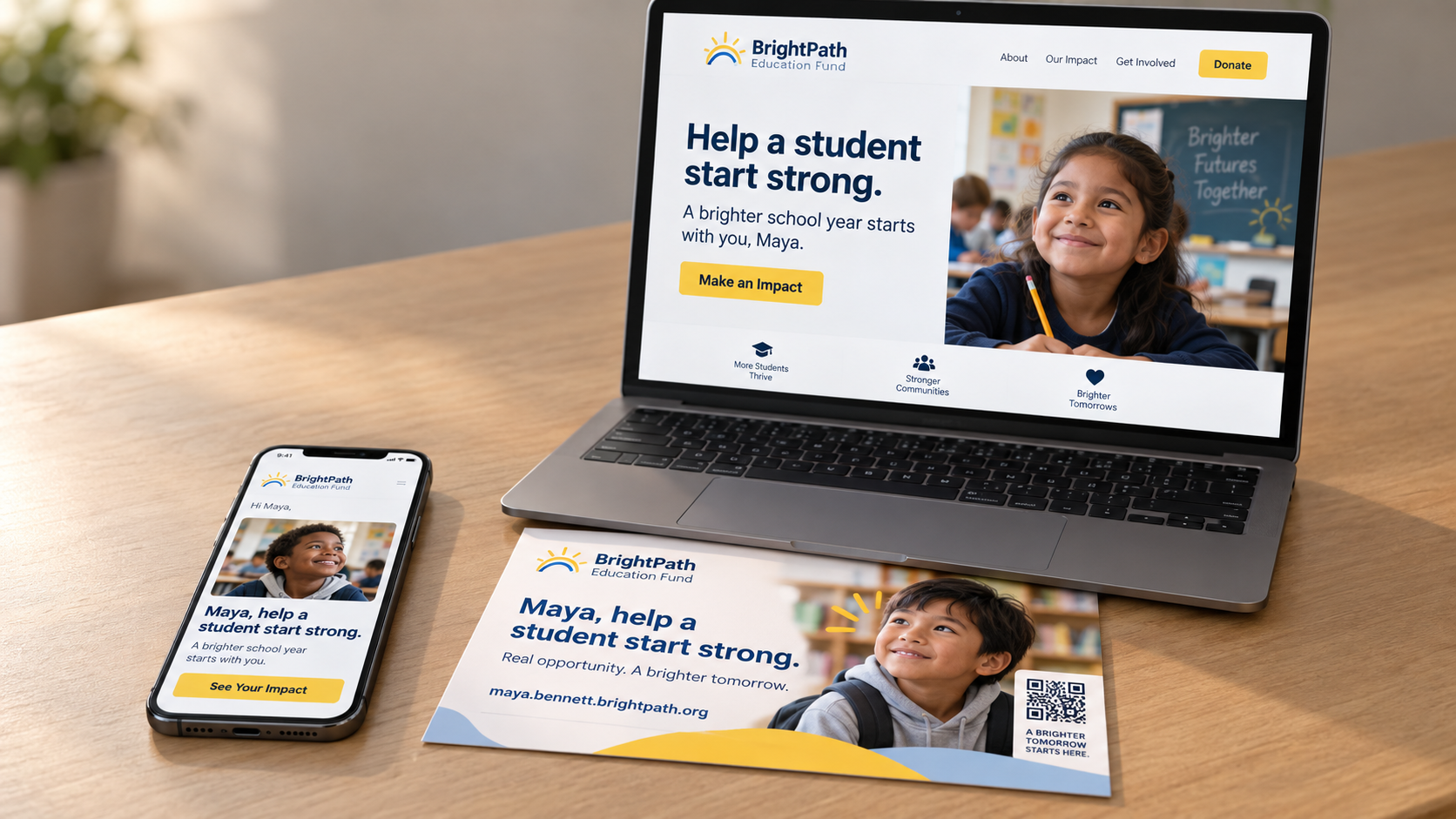 Coordinated BrightPath Education Fund campaign shown across direct mail