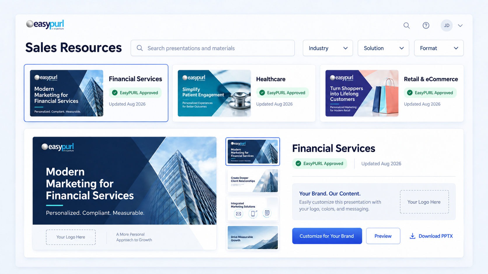 EasyPURL sales resources library with customizable financial services presentations