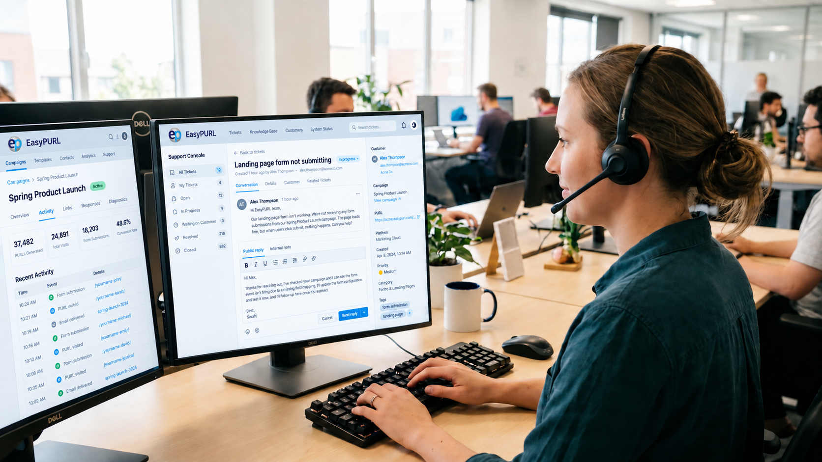 EasyPURL platform specialist answering a support ticket submitted from the account console