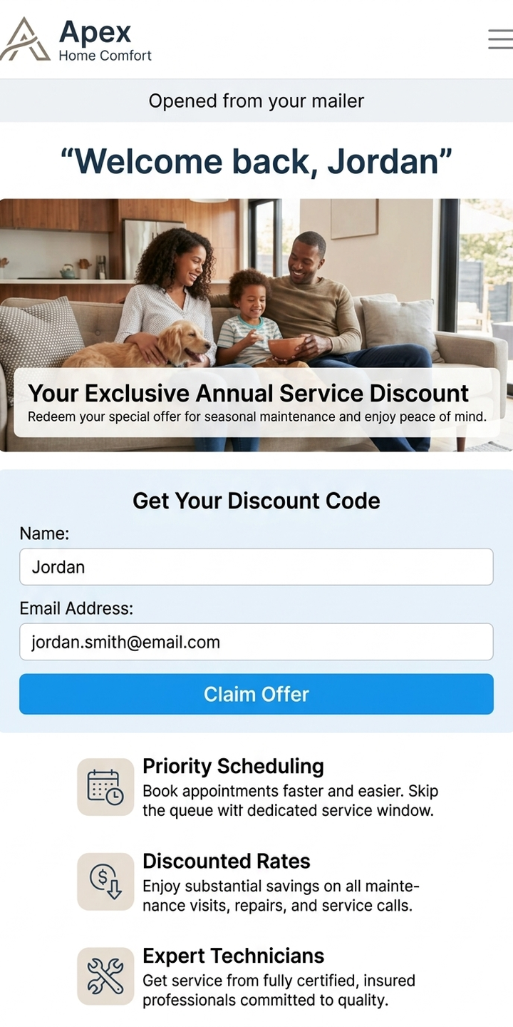 The same landing page template on a phone, opened from a mailer QR code