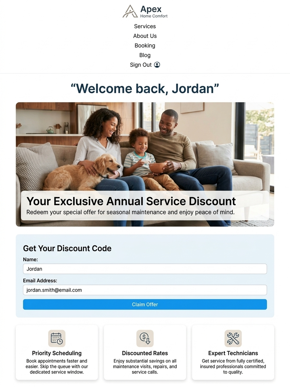 The same landing page template adapting to a tablet screen