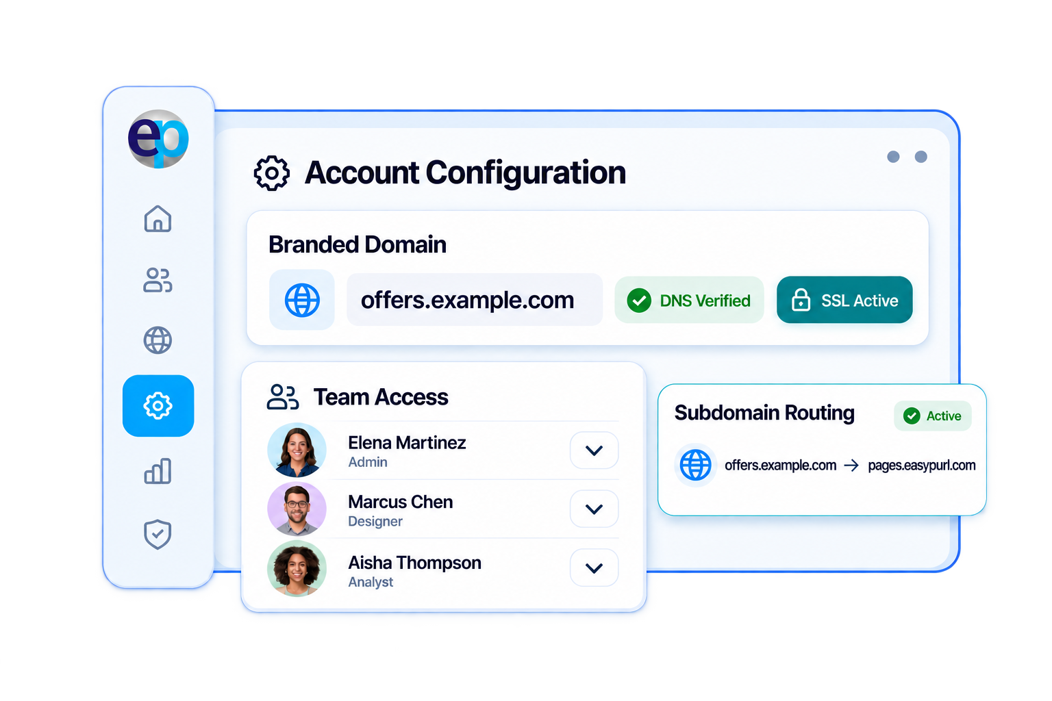 Account configuration screen with a branded domain, DNS and SSL status, team access roles and subdomain routing