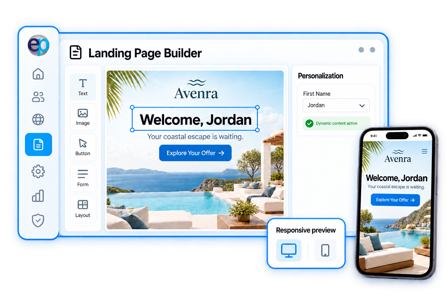 Personalized coastal landing page being edited and previewed responsively on desktop and mobile