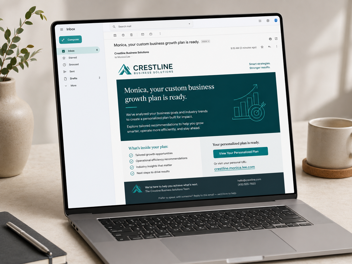 Crestline Business Solutions personalized email for Monica Lee.