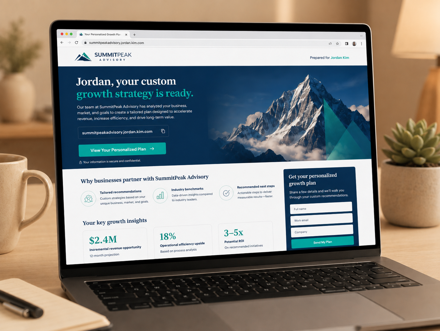 SummitPeak Advisory personalized landing page open on a laptop for Jordan Kim.