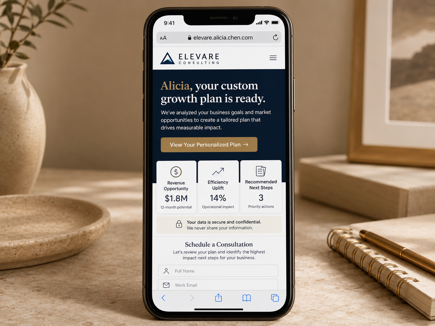 Elevare Consulting personalized landing page open on a mobile phone for Alicia Chen.