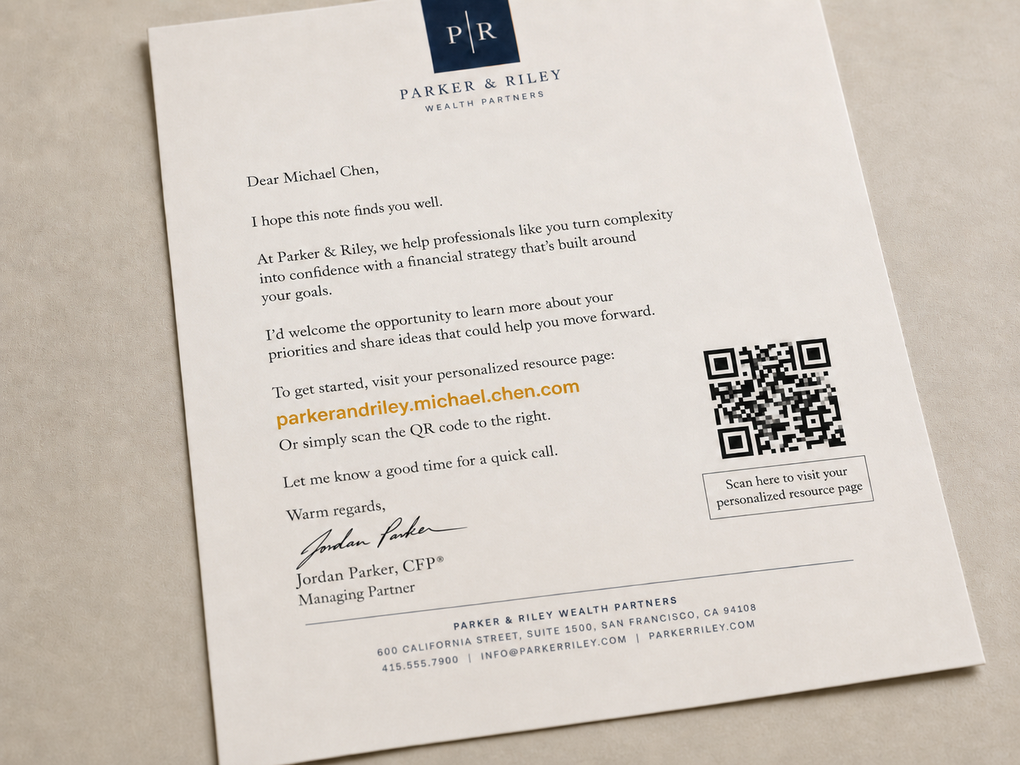 Parker and Riley personalized letter for Michael Chen with a QR code.