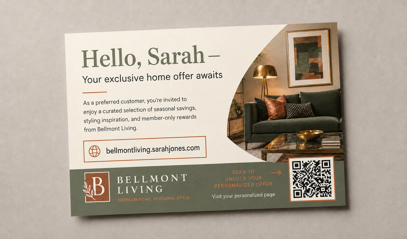 Bellmont Living personalized postcard for Sarah Jones with a QR code.
