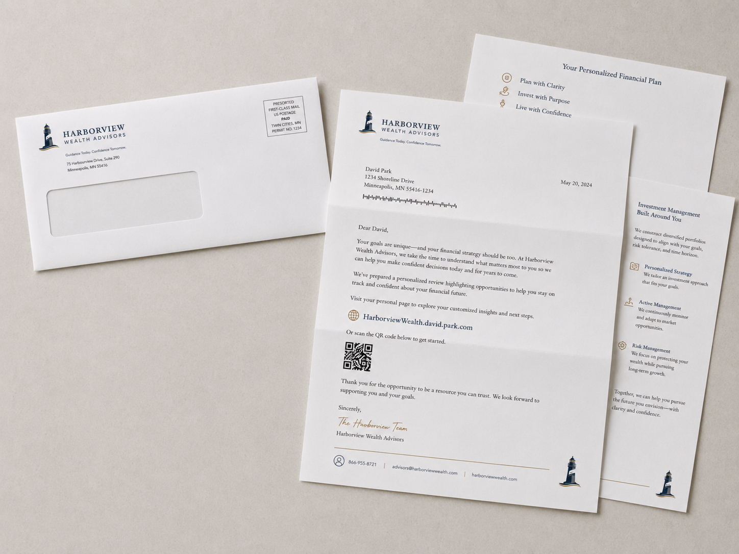 Harborview Wealth Advisors personalized window letter and supporting materials for David Park.