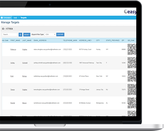 EasyPURL Manage Targets screen listing recipients with their personalized QR codes