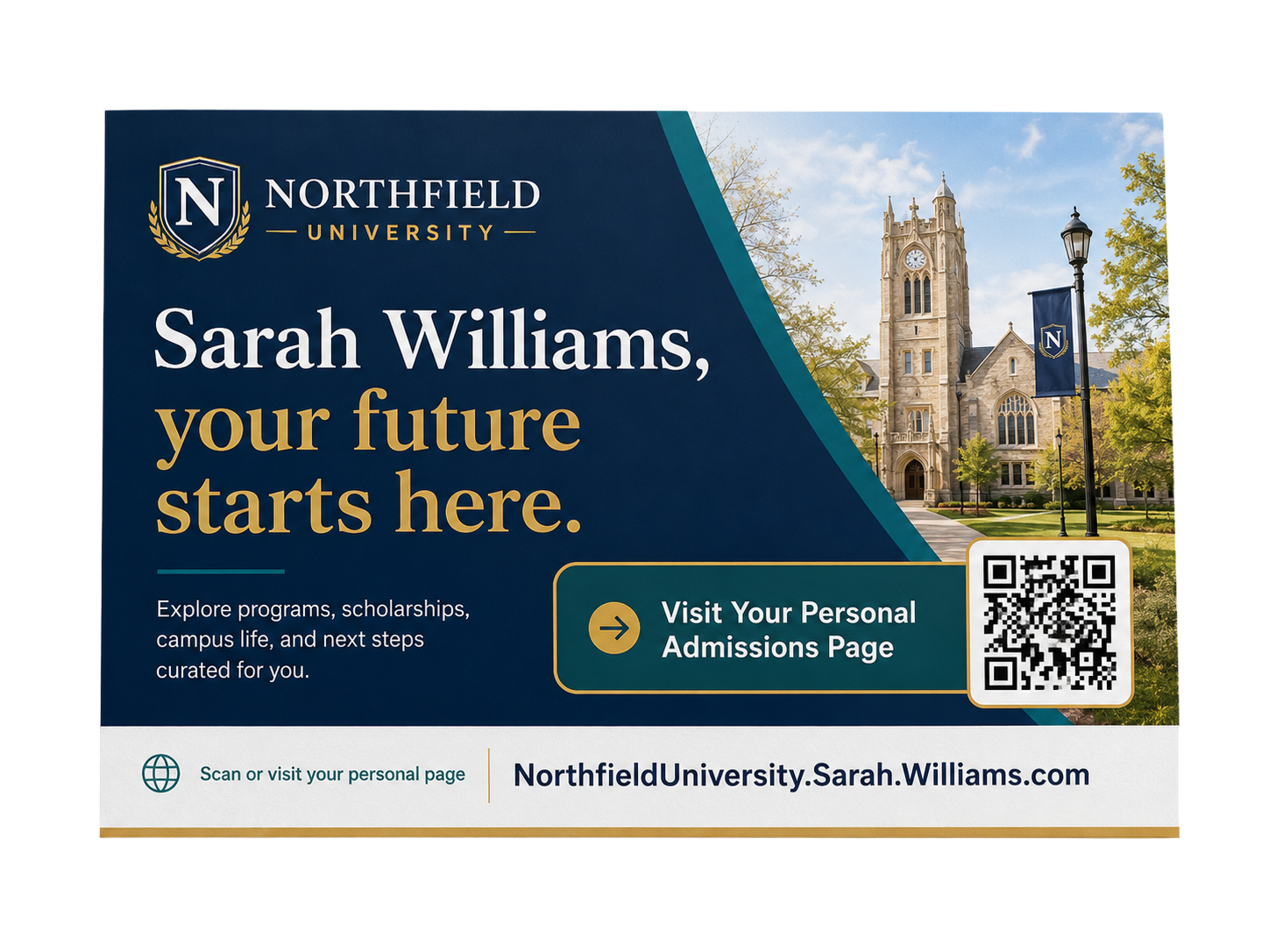 Northfield University personalized admissions direct mail with a QR code and personal admissions page URL.