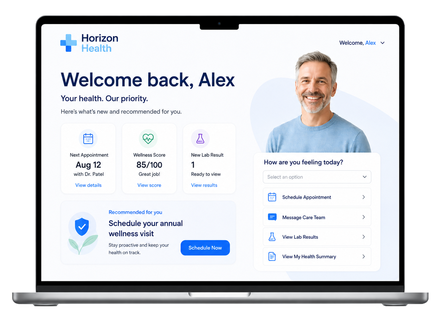 Horizon Health personalized landing page shown on a laptop.