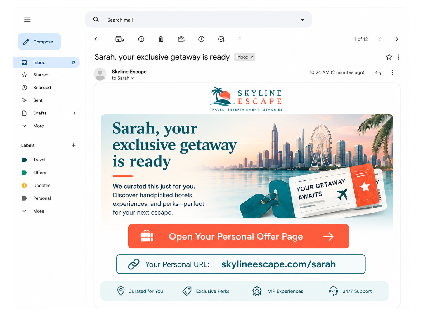 Personalized Skyline Escape email shown on a laptop.