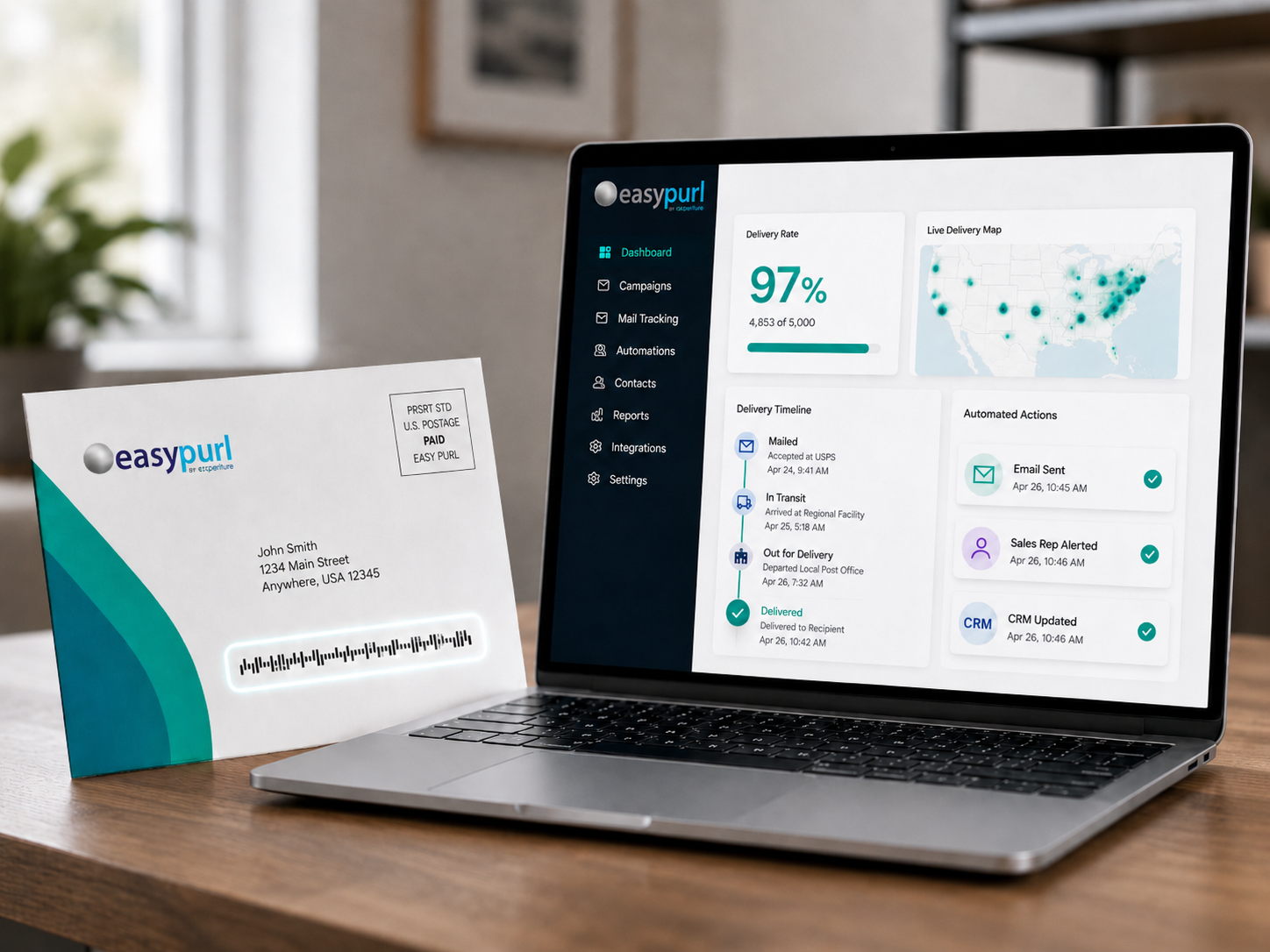 EasyPURL postal delivery dashboard shown alongside a personalized direct-mail piece